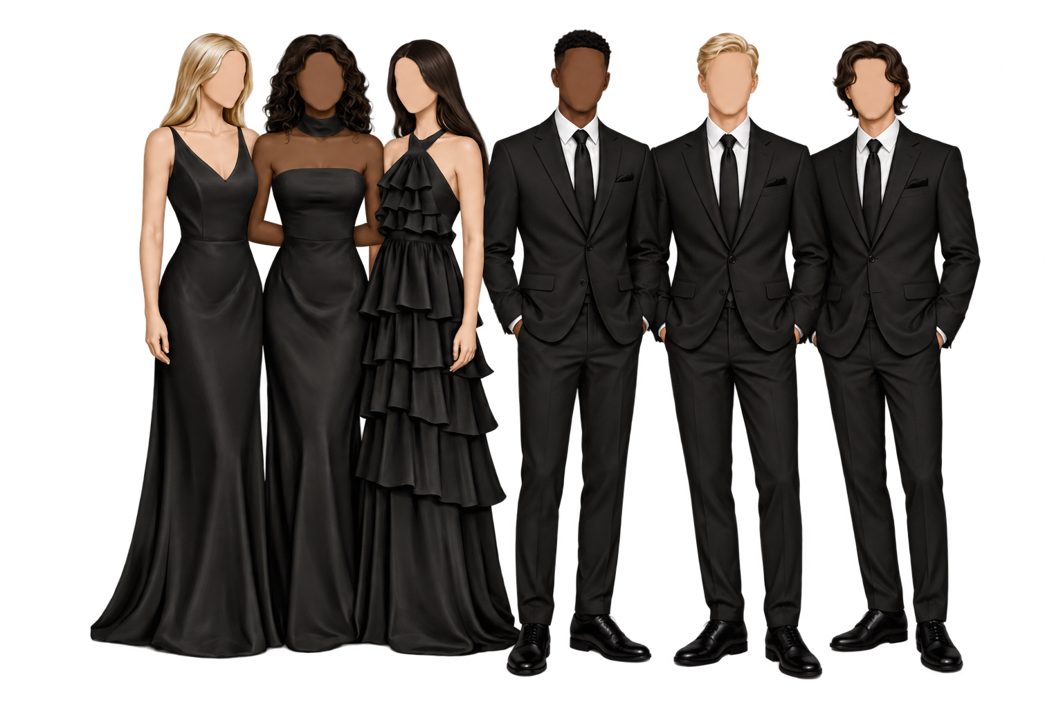 Ilustração de madrinhas e padrinhos juntos, de vestido longo e terno completo