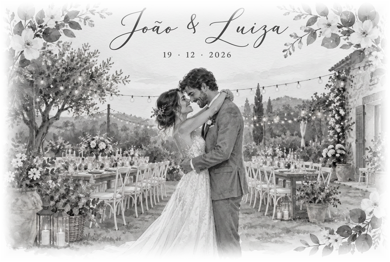 Aquarela de João e Luiza celebrando o casamento